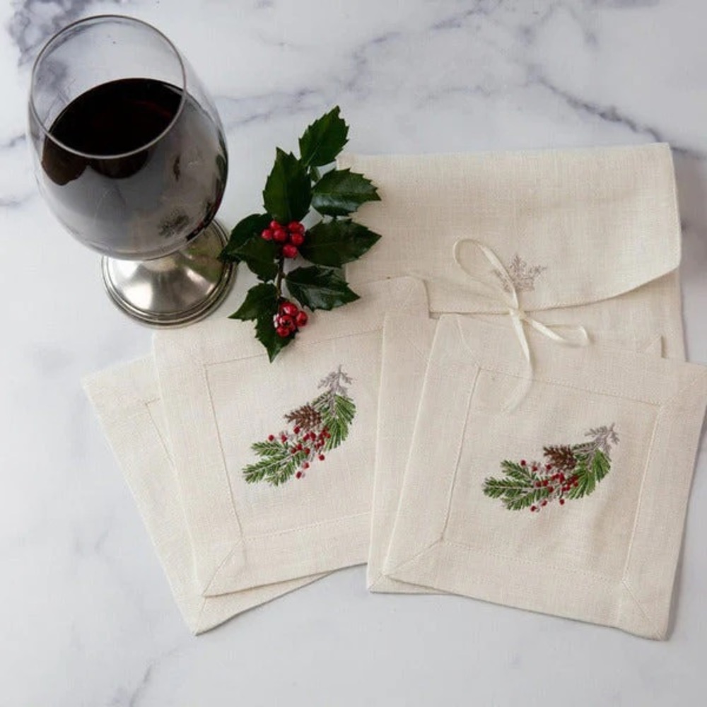ARTE ITALICA CROWN LINEN DESIGNS Natale Sprig Cocktail Napkin Set Of 4